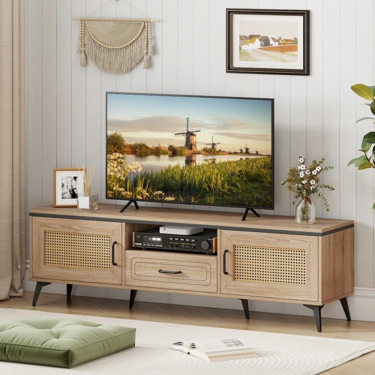 Mid Century Modern Entertainment Center with 2 Cabinets and Storage Drawer-Oak