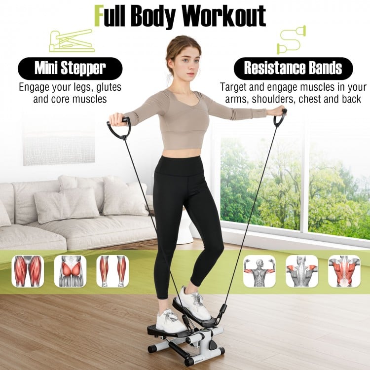 Mini Stepper with Resistance Bands and Adjustable Height for Exercise at Home-White