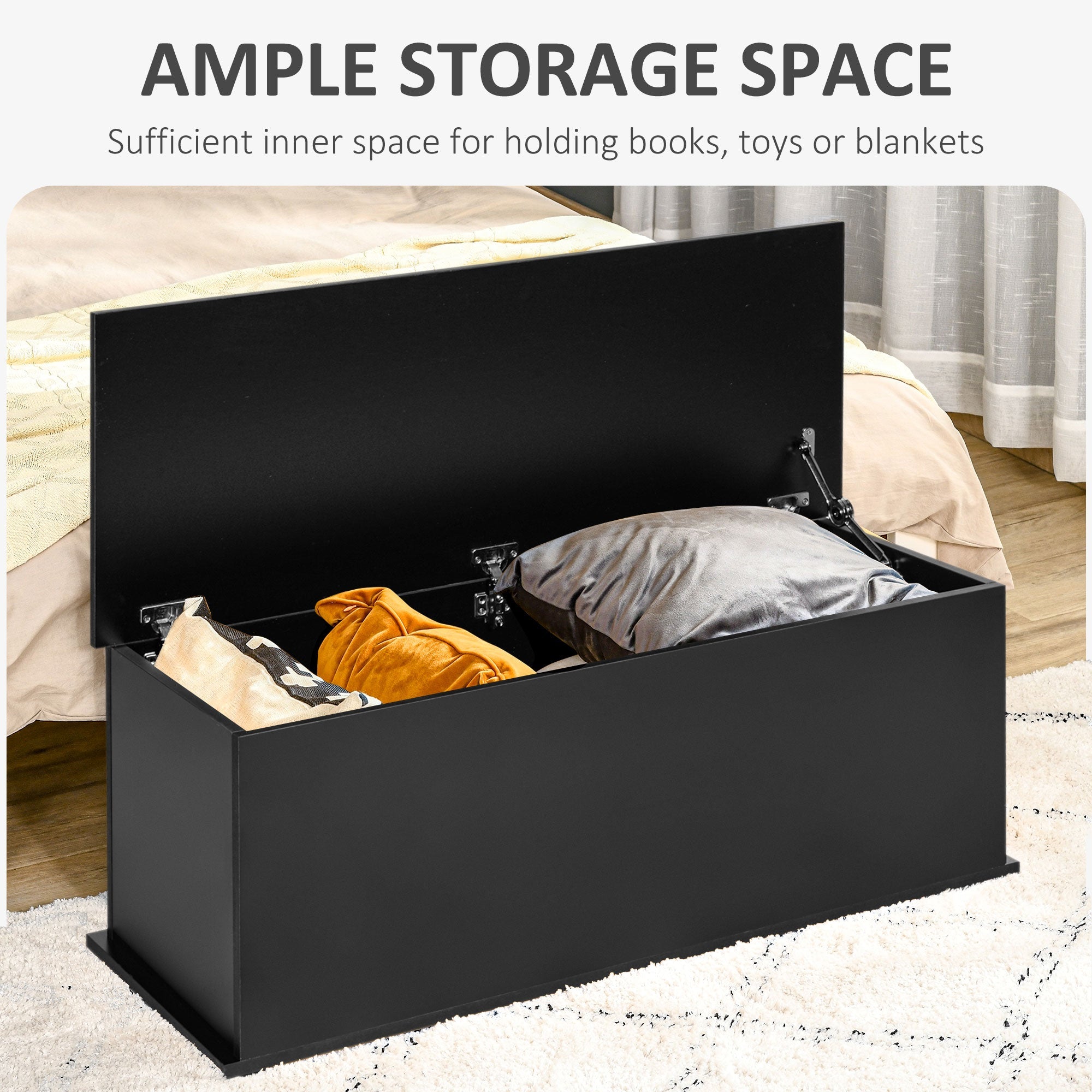 HOMCOM Lift Top Storage Chest 2 Safety Hinge Toy Box Organizer Flip-Top Lid Entryway Bench Black