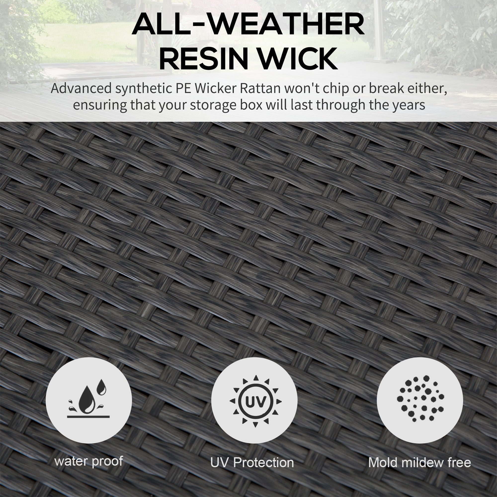 Outsunny Outdoor Storage Box Wicker Patio Deck Bin Rattan Foot Stool w/Steel Frame Large Capacity Rectangle Coffee Table w/Handle