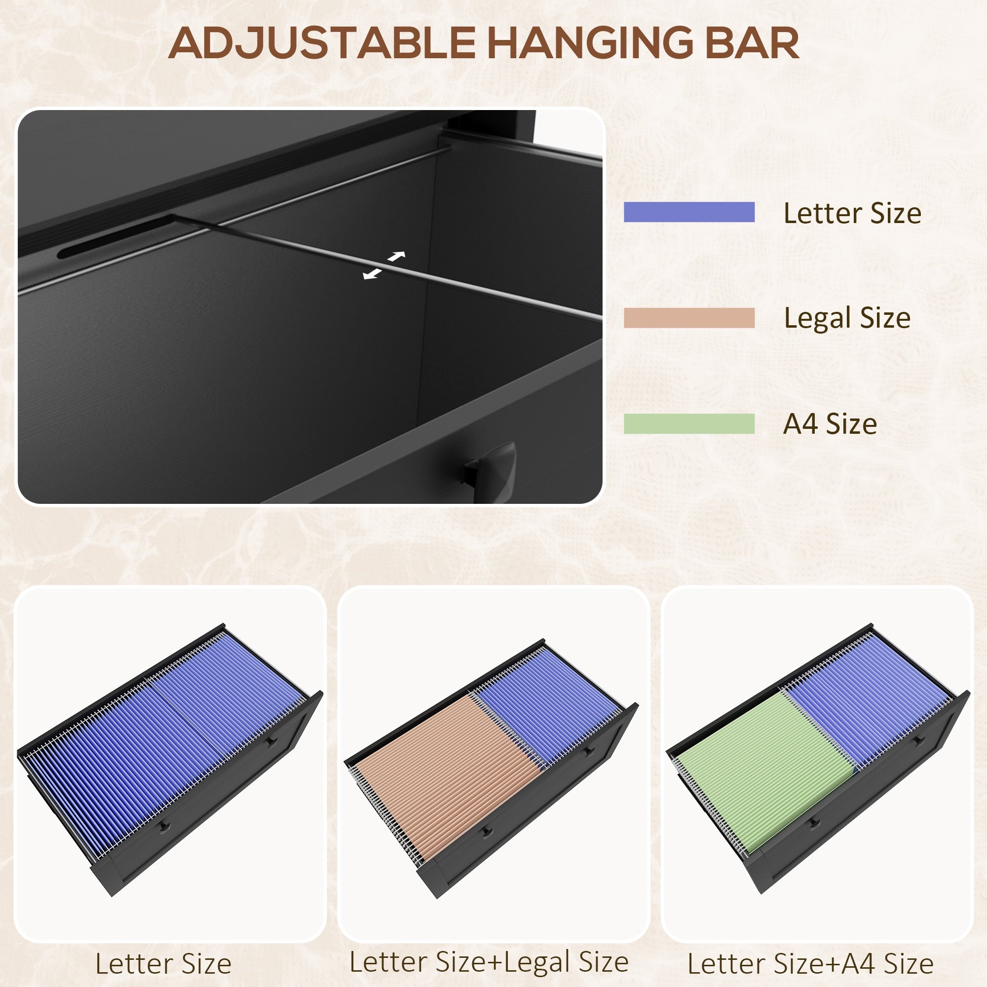 HOMCOM Lockable 2 Drawer File Cabinet for Letter, A4, Legal Size Documents with Adjustable Hanging Bar in Black