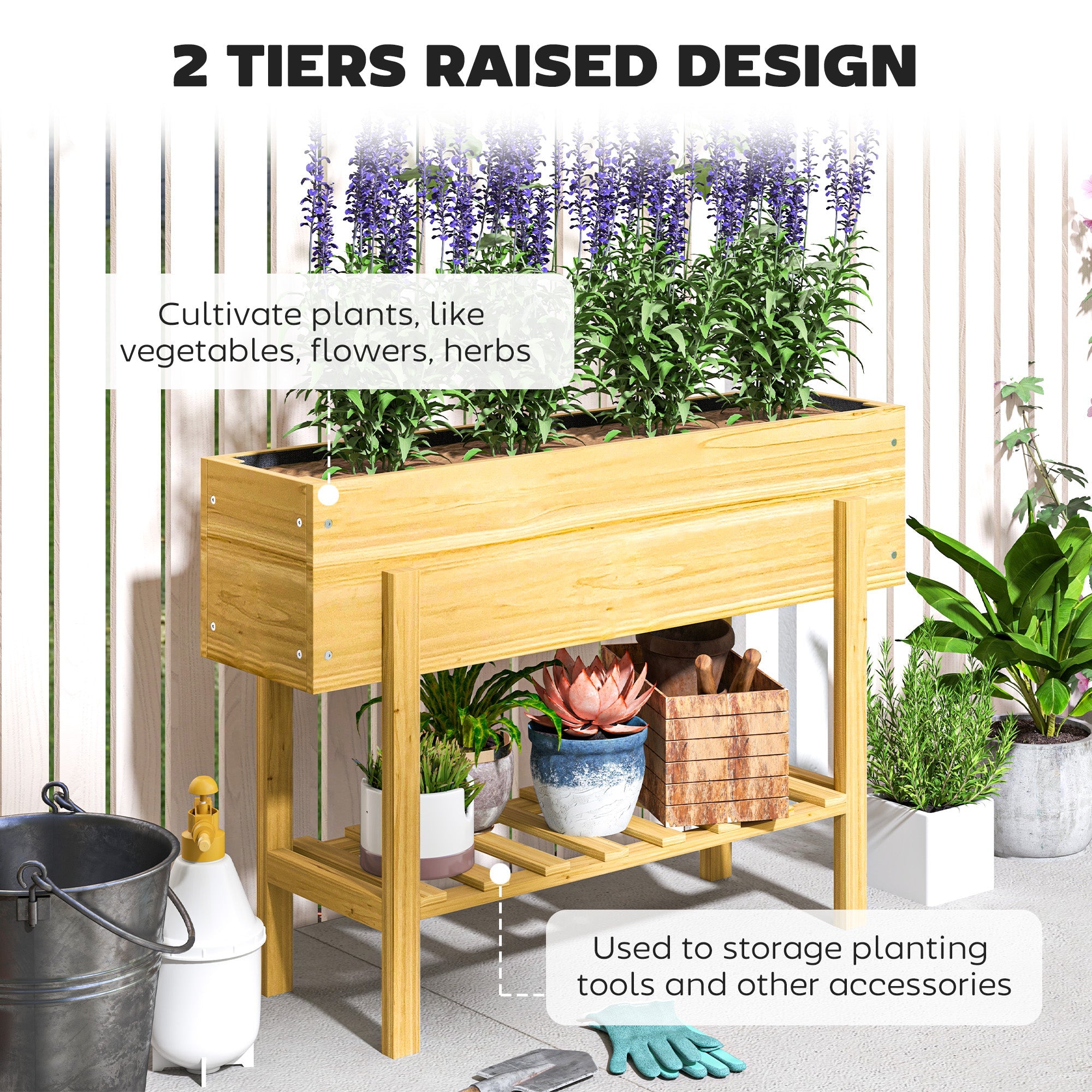 Outsunny Raised Planter Box, Elevated Wooden Garden Bed with Legs & Storage Shelf for Patio & Backyard, Natural Wood
