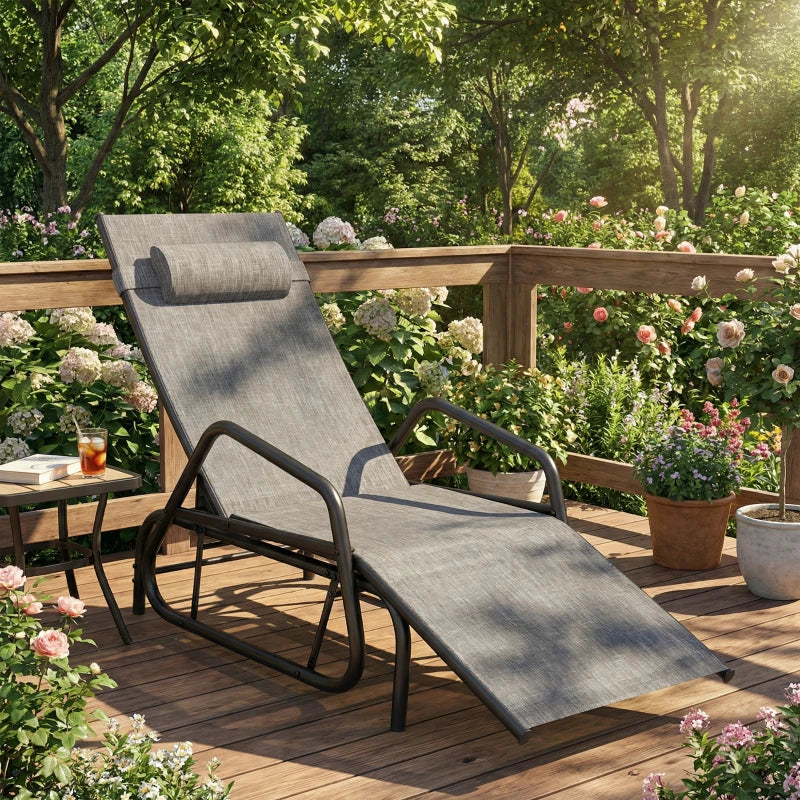 Outdoor Glider Lounge Chair, 3-Position Adjustable Tanning Chair Recliner with Headrest for Garden, Yard, Pool, Grey