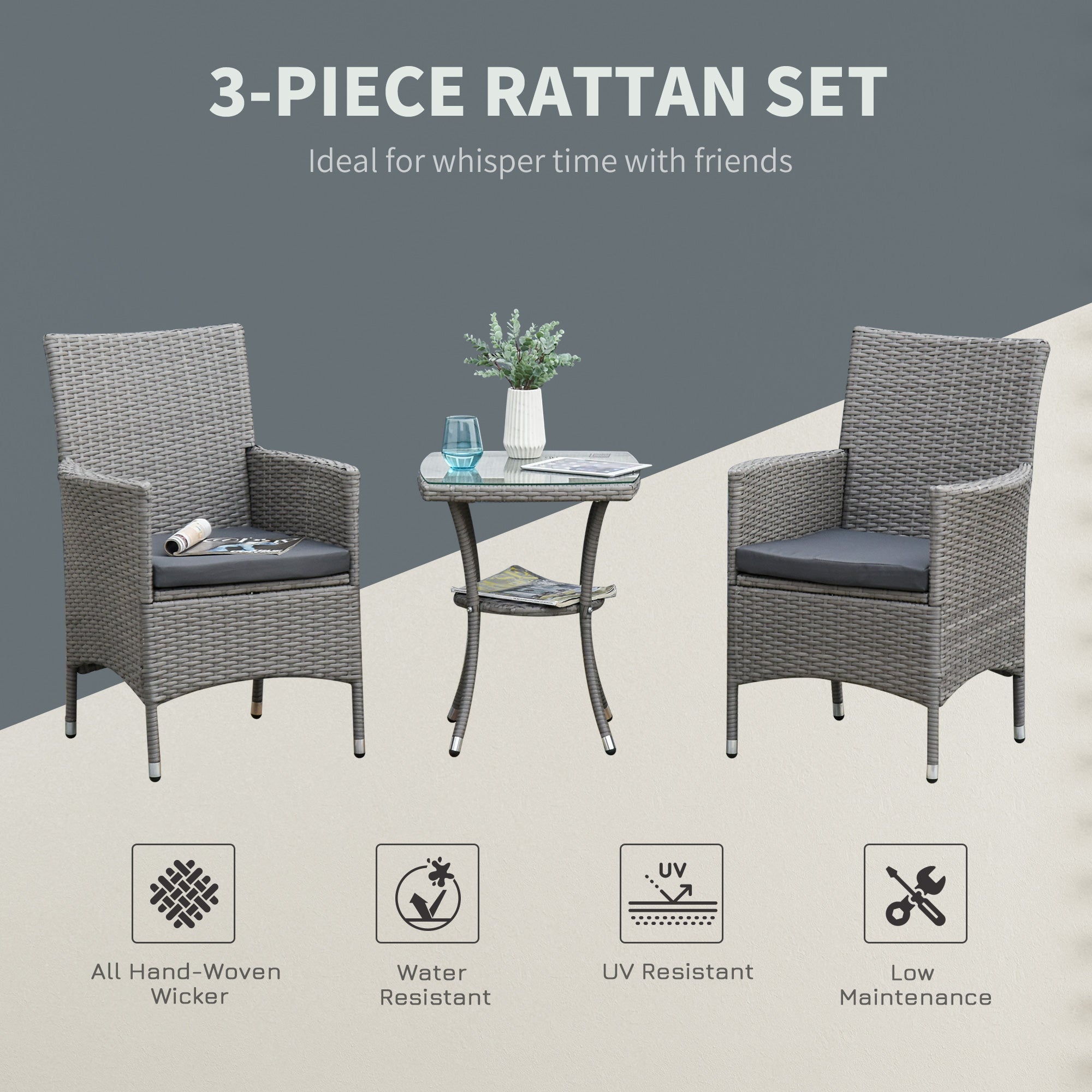Outsunny 3PC Rattan Patio Bistro Set - Outdoor Furniture with Armchairs, Glass Coffee Table, Grey