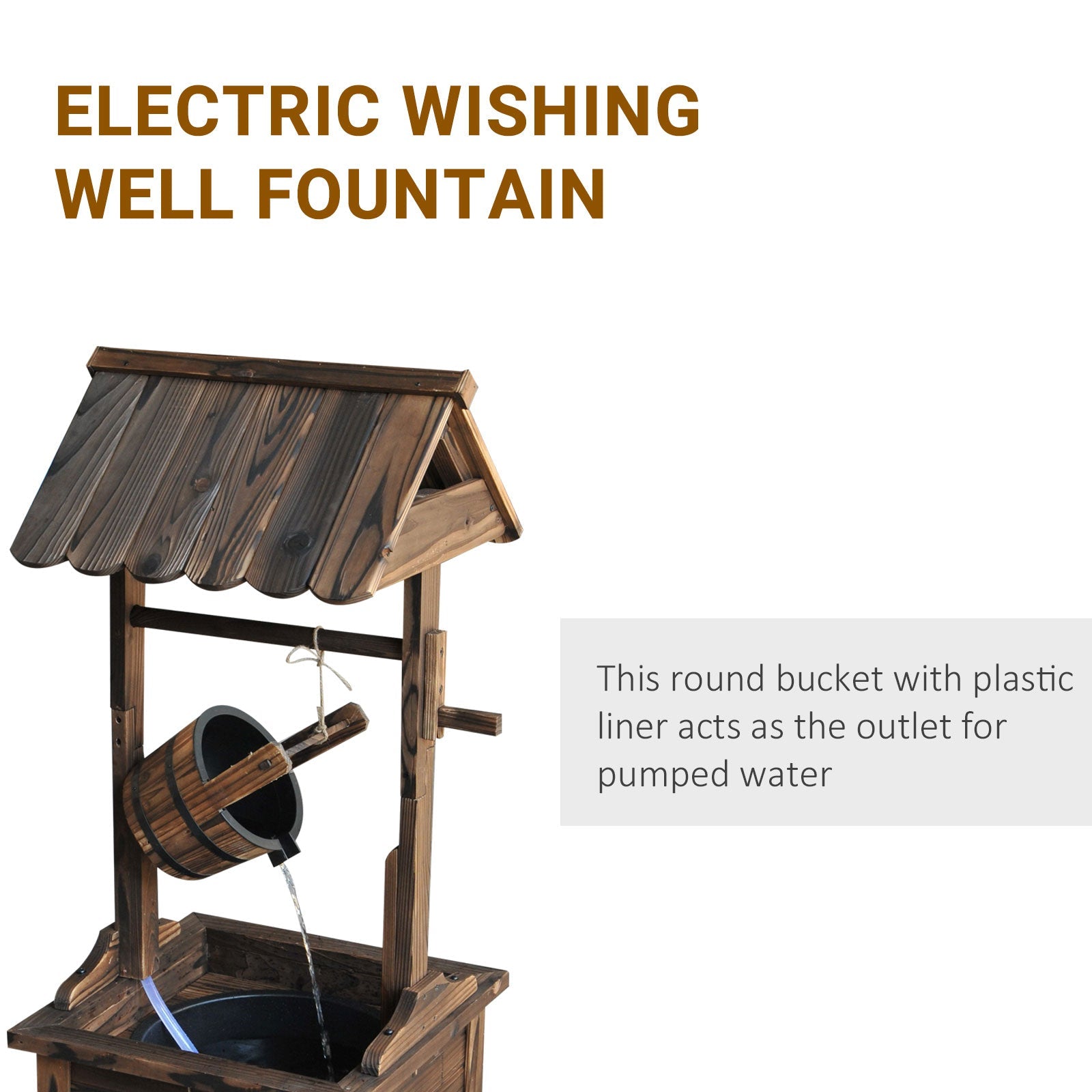 Outsunny Outdoor Wooden Waterfall Wishing Well Fountain with Electric Pump, Water Bucket, for Patio, Garden, Carbonized