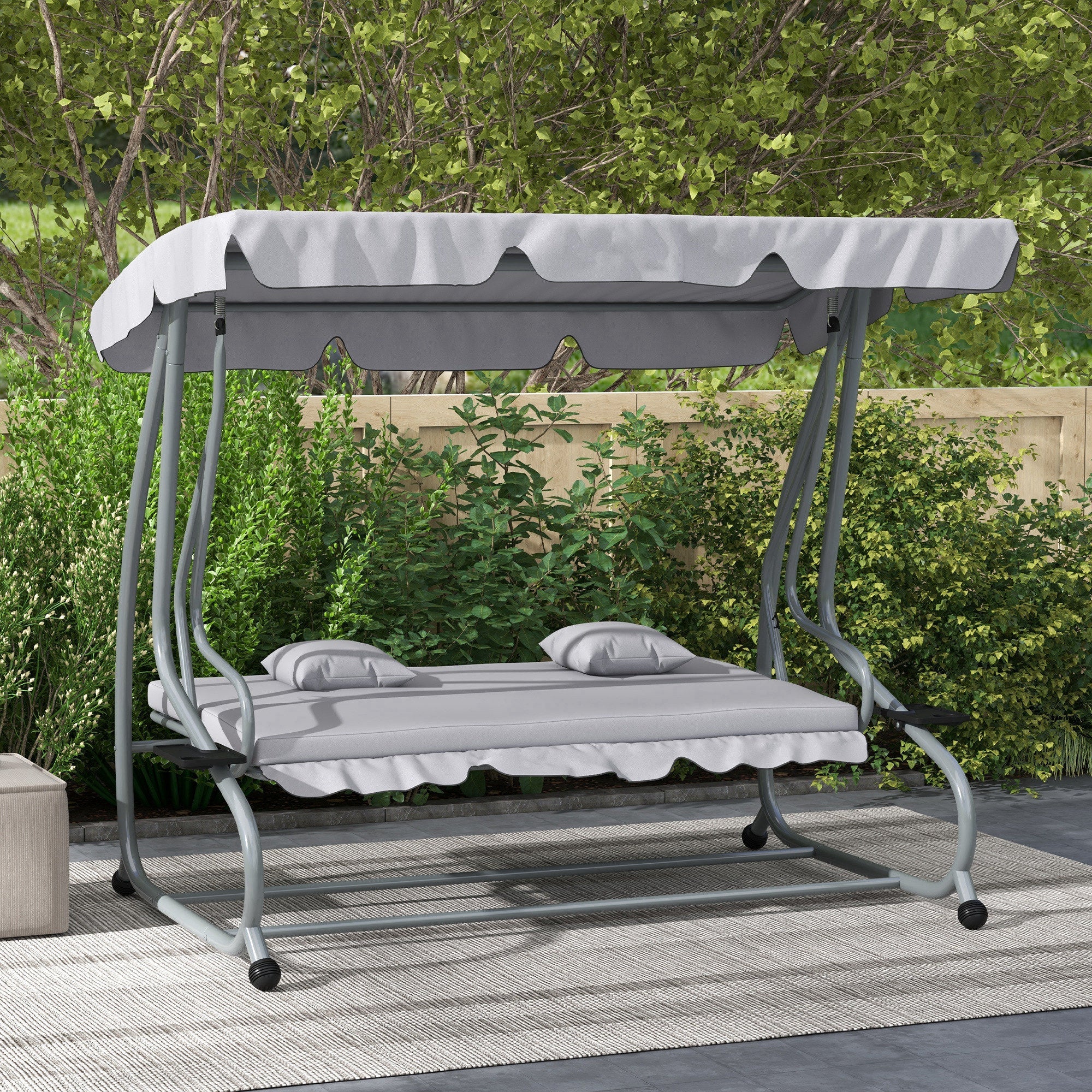 Outsunny Outdoor 3-Seater Patio Swing Chair, Outdoor Swing Seat, with Adjustable Canopy and Two Pillows for Garden, Light Grey