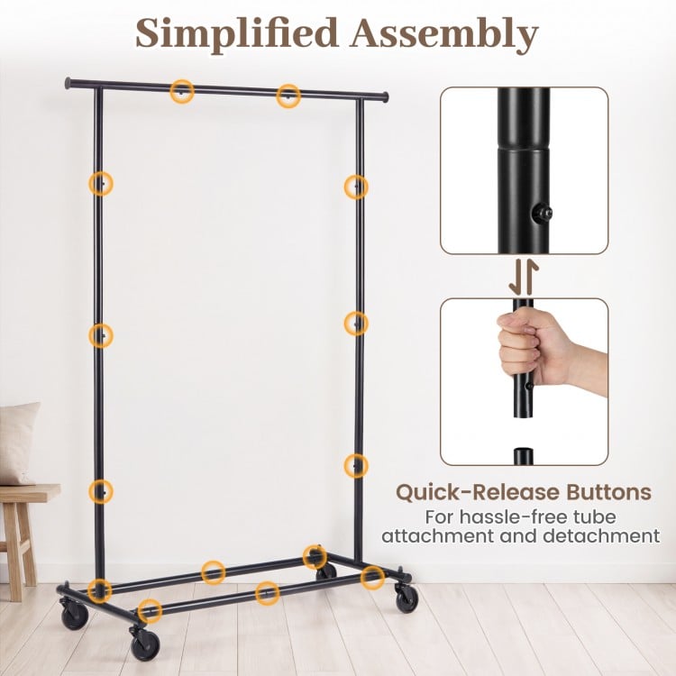 Mobile Garment Rack with Extendable Rods Heavy-Duty Metal Clothes Stand on Wheels