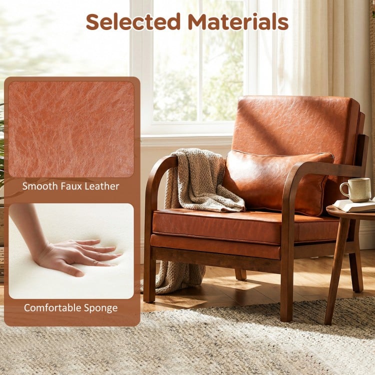 Modern Accent Chair Faux Leather Linen Fabric Upholstered Armchair-Brown