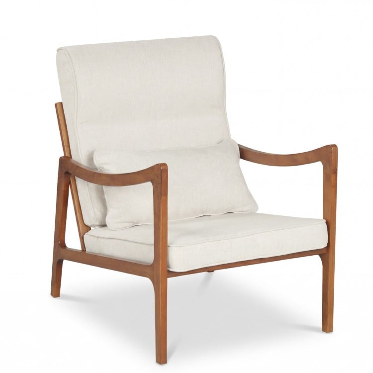 Modern Accent Chair with Solid Rubber Wood Faux Leather Upholstered Armchair-White