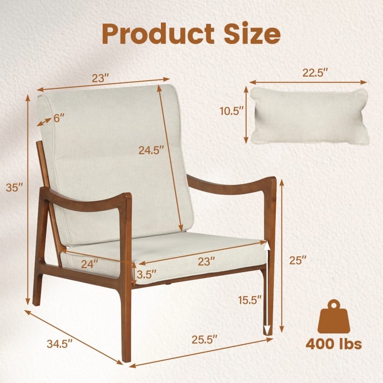Modern Accent Chair with Solid Rubber Wood Faux Leather Upholstered Armchair-White