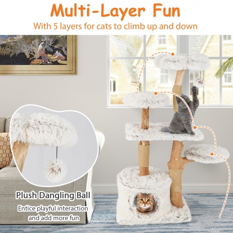 Modern Cat Tree 53 Inch Tall Natural Branch Wooden Cat Tower with Jute Scratching Posts-White