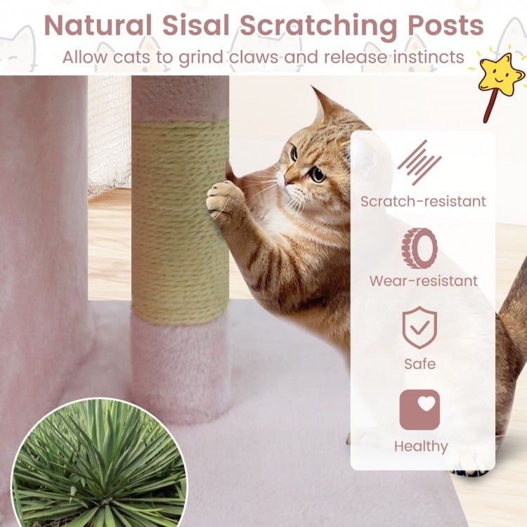 Modern Cat Tree Space-saving Cat Tower with Upholstered Perch and 2 Cat Condos-Pink