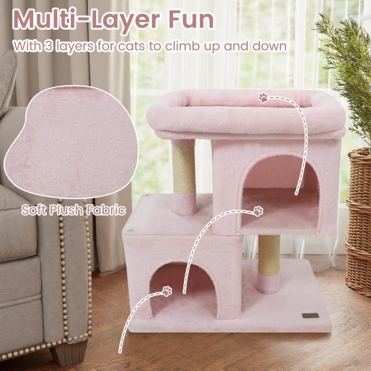 Modern Cat Tree Space-saving Cat Tower with Upholstered Perch and 2 Cat Condos-Pink