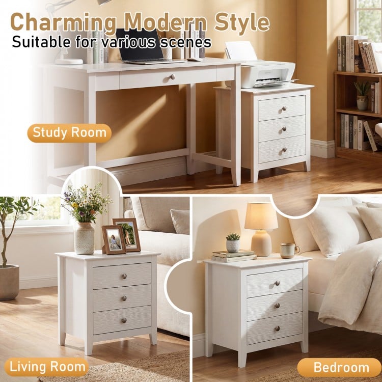 Modern Farmhouse 3-Drawer NightStand with Wood Grain Accents and Sleek Knobs-White