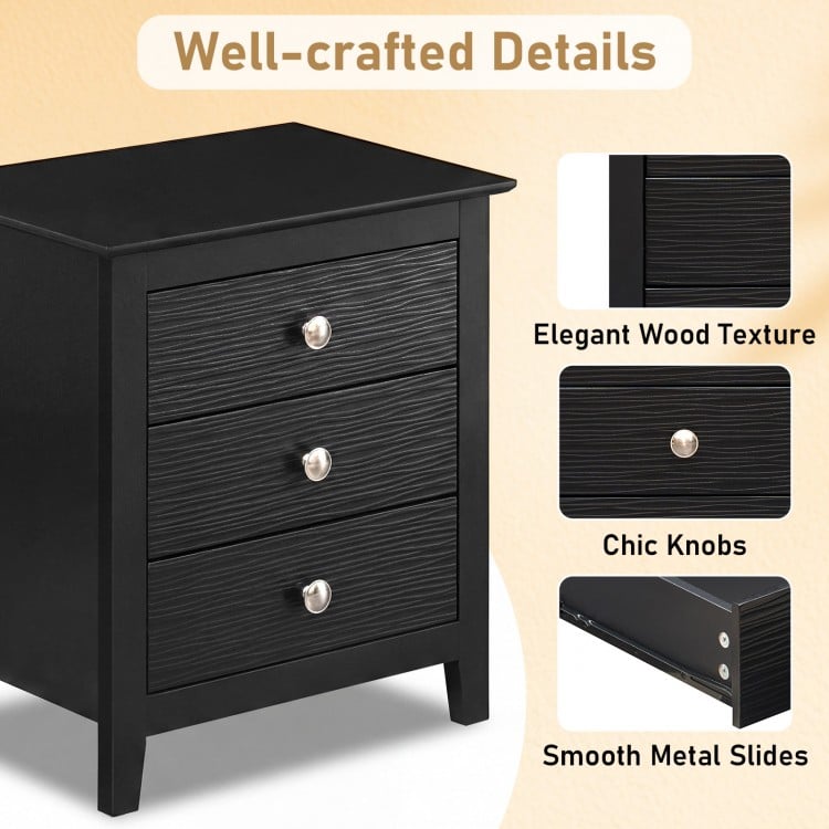 Modern Farmhouse 3-Drawer NightStand with Wood Grain Accents and Sleek Knobs-Black