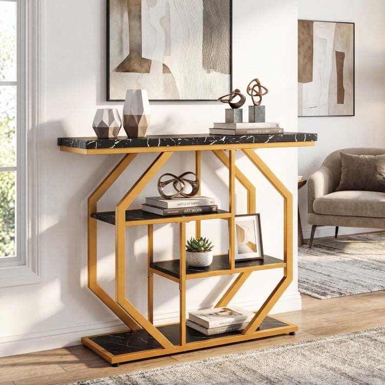 Modern Sofa Table Behind Couch 4-Tier Console Table with Faux Marble Tabletop-Black