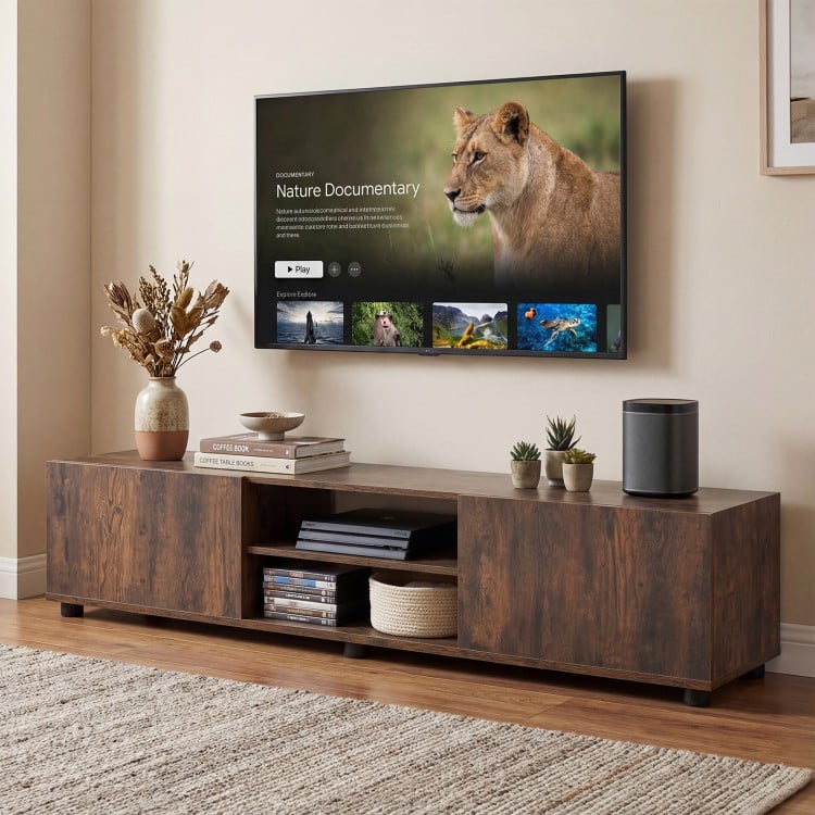 Modern TV Stand for up to 70" TVs Minimalist Entertainment Center with 2 Doors and Open Shelves-Rustic Brown