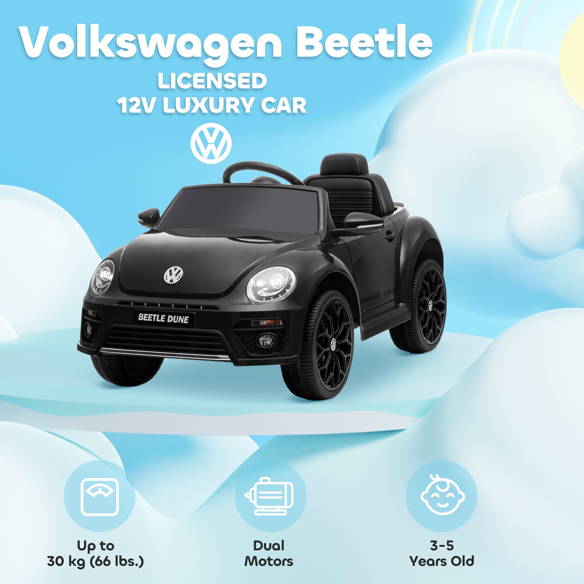 Qaba 12V Volkswagen Beetle Licensed Electric Car for Kids w/ Remote Control, 4 Spring Suspension Wheels, Soft Start, Black