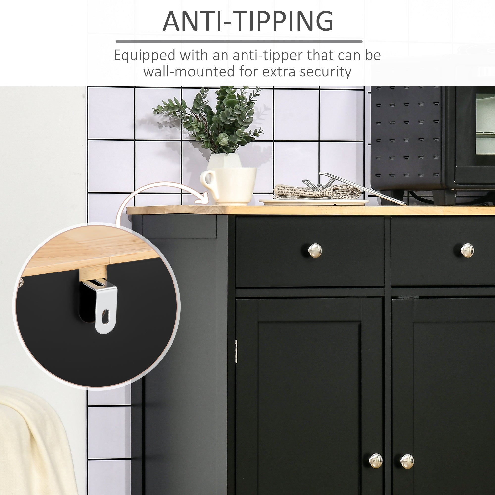 HOMCOM Black Rubberwood Buffet Cabinet: Modern Sideboard with Storage Cabinets, Drawers and Adjustable Shelves for Living Room