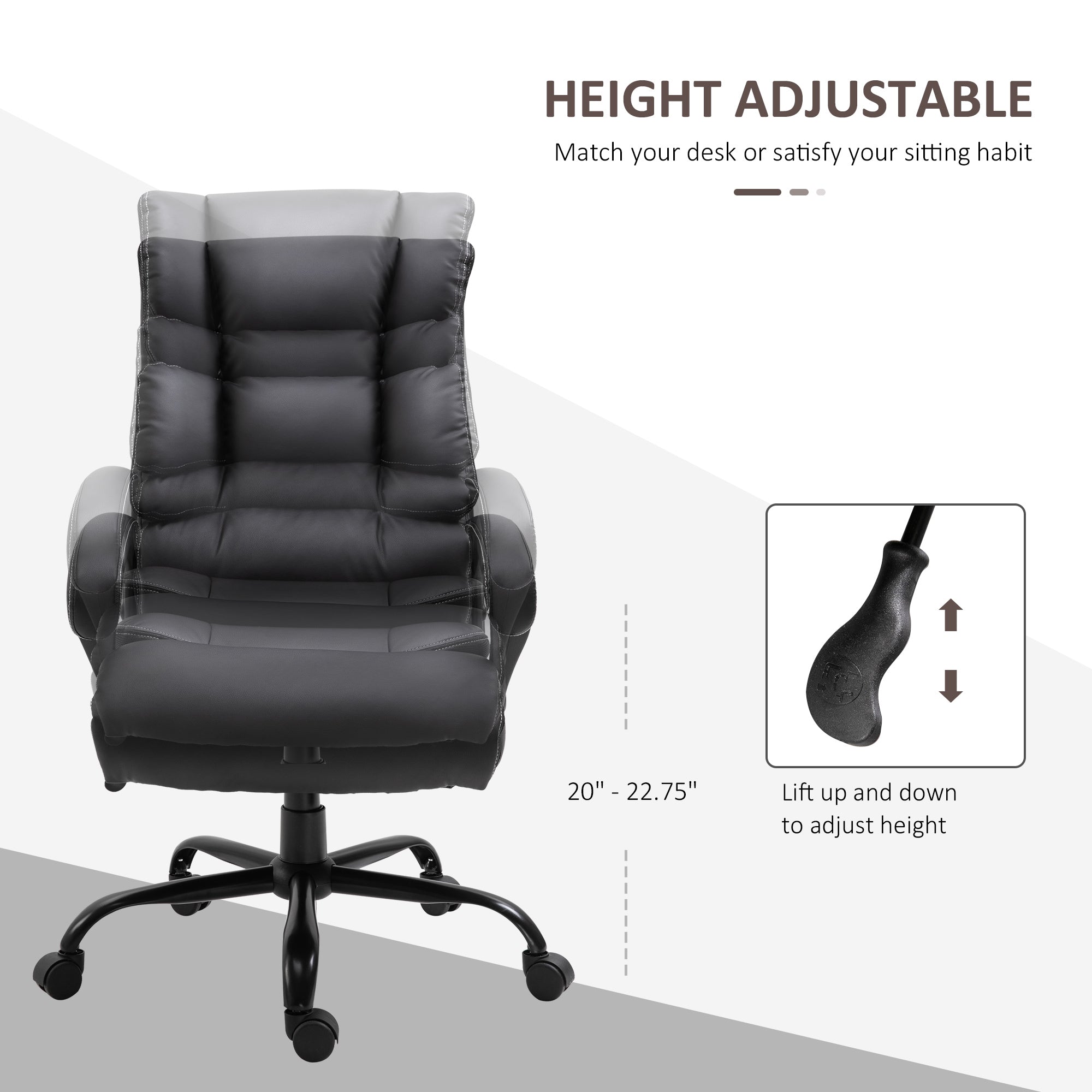 Vinsetto Ergonomic Office Chair Heavy Duty Tall Big Adjustable Height PU Leather Rocker Swivel Black