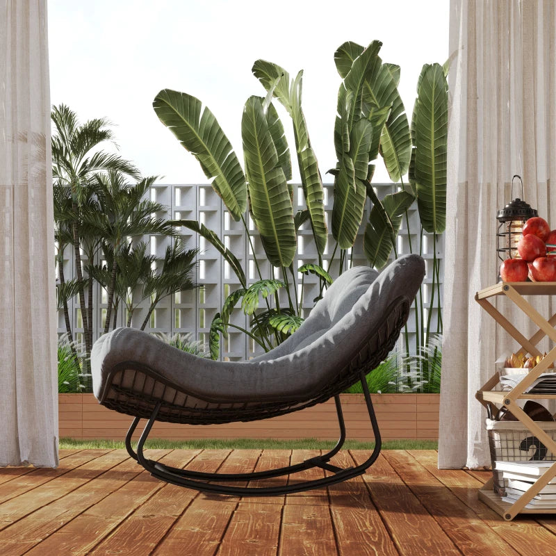 Outdoor Rocking Chair, Oversized Patio Egg Chair with Padded Cushion, Rattan Wicker for Indoor, Backyard, Dark Grey