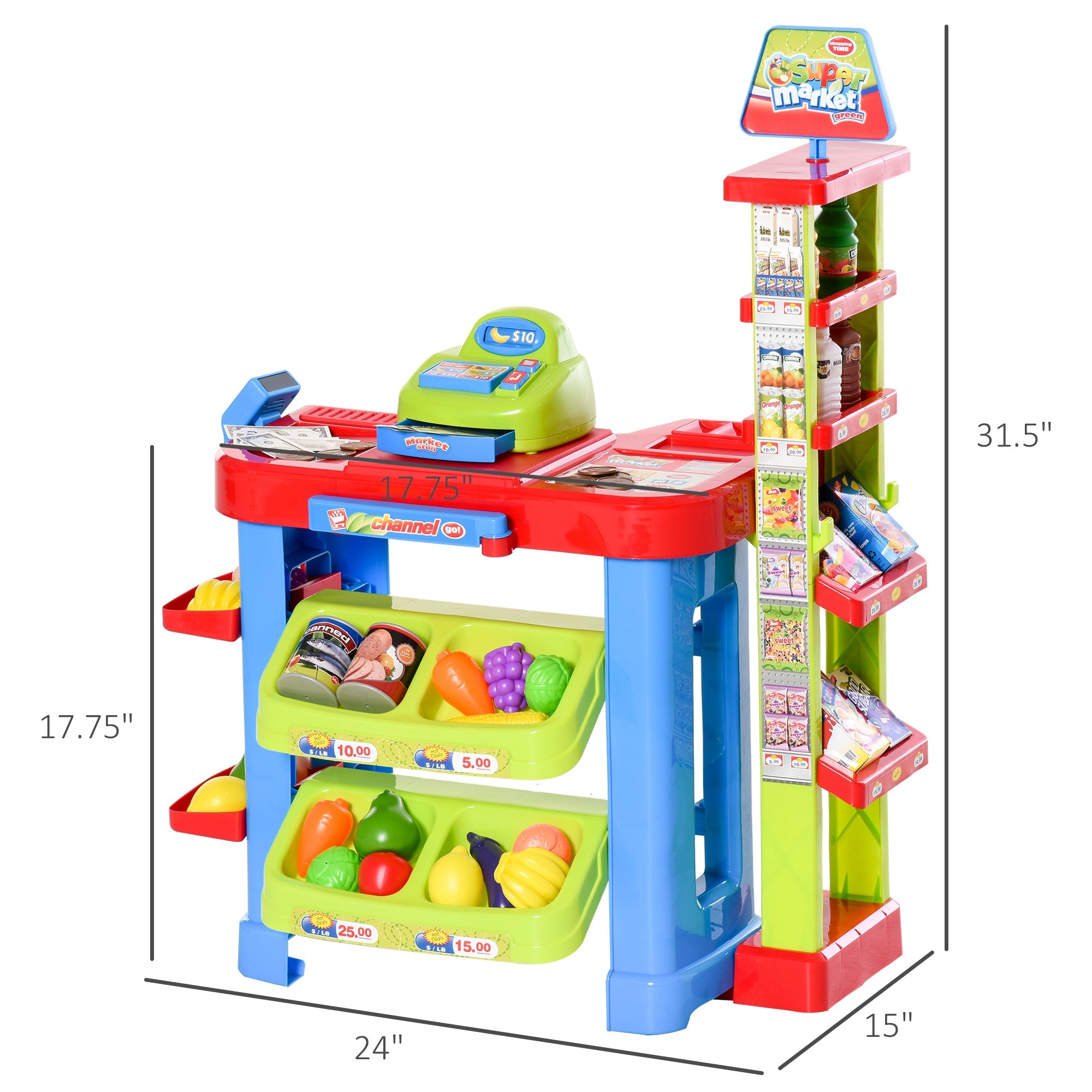 Qaba Kids Supermarket Playset with Shopping Cart and Accessories Realistic Grocery Store Pretend Play Toy with Light and Sound