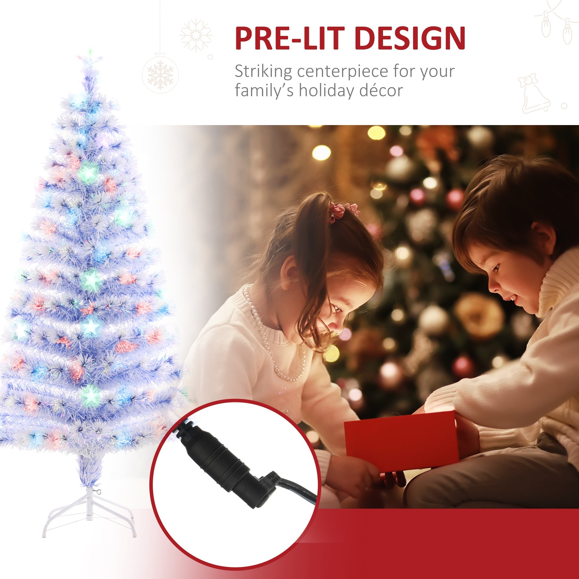 HOMCOM 5ft LED Optical Fiber Xmas Tree Pre-Lit, White Artificial Christmas Tree with Stand for Seasonal Decor
