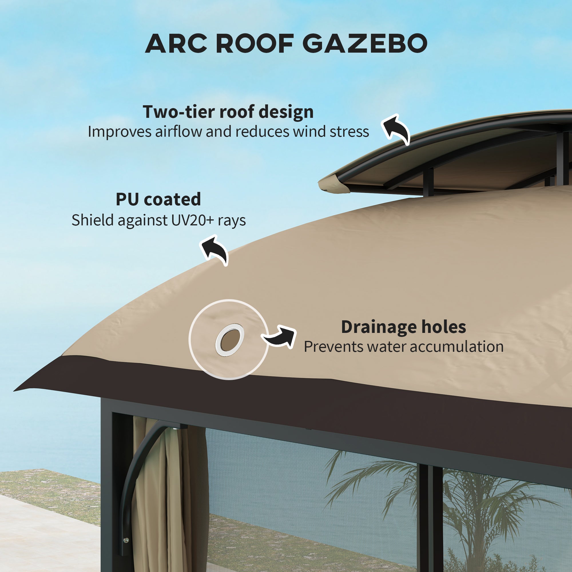 Outsunny 11' x 13' Patio Gazebo, Double Roof Outdoor Gazebo Canopy with Netting & Curtains, Galvanized Metal Frame, Khaki