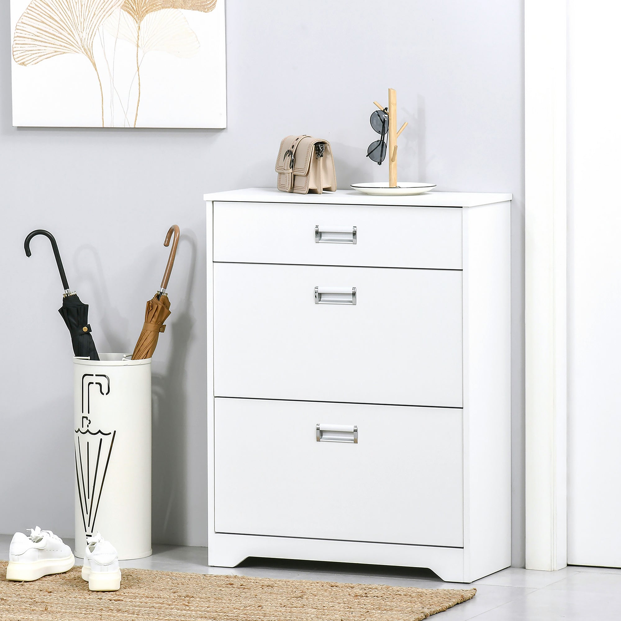 HOMCOM Compact Shoe Sanctuary: Storage Cabinet with Drawer, 2 Flip Doors, Adjustable Shelves for 16 Pairs, White