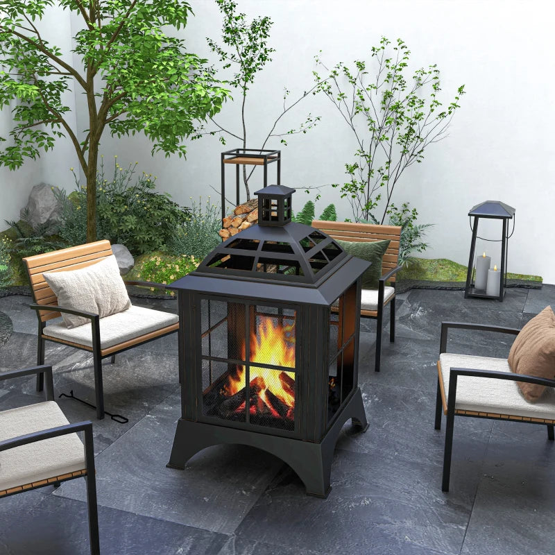 Wood-Burning Fire Pit, Chimney Style Firepit with Poker, 28" x 28", Black