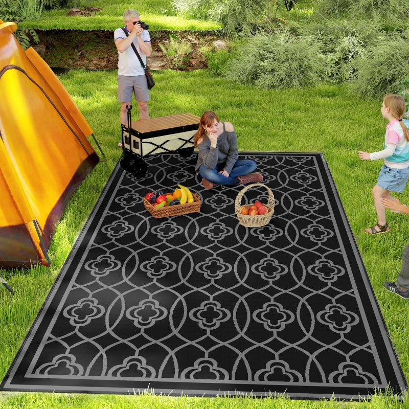 9' x 18' Outdoor RV Rug, Reversible Patio Floor Mat with Carry Bag, Lantern, Black and Grey