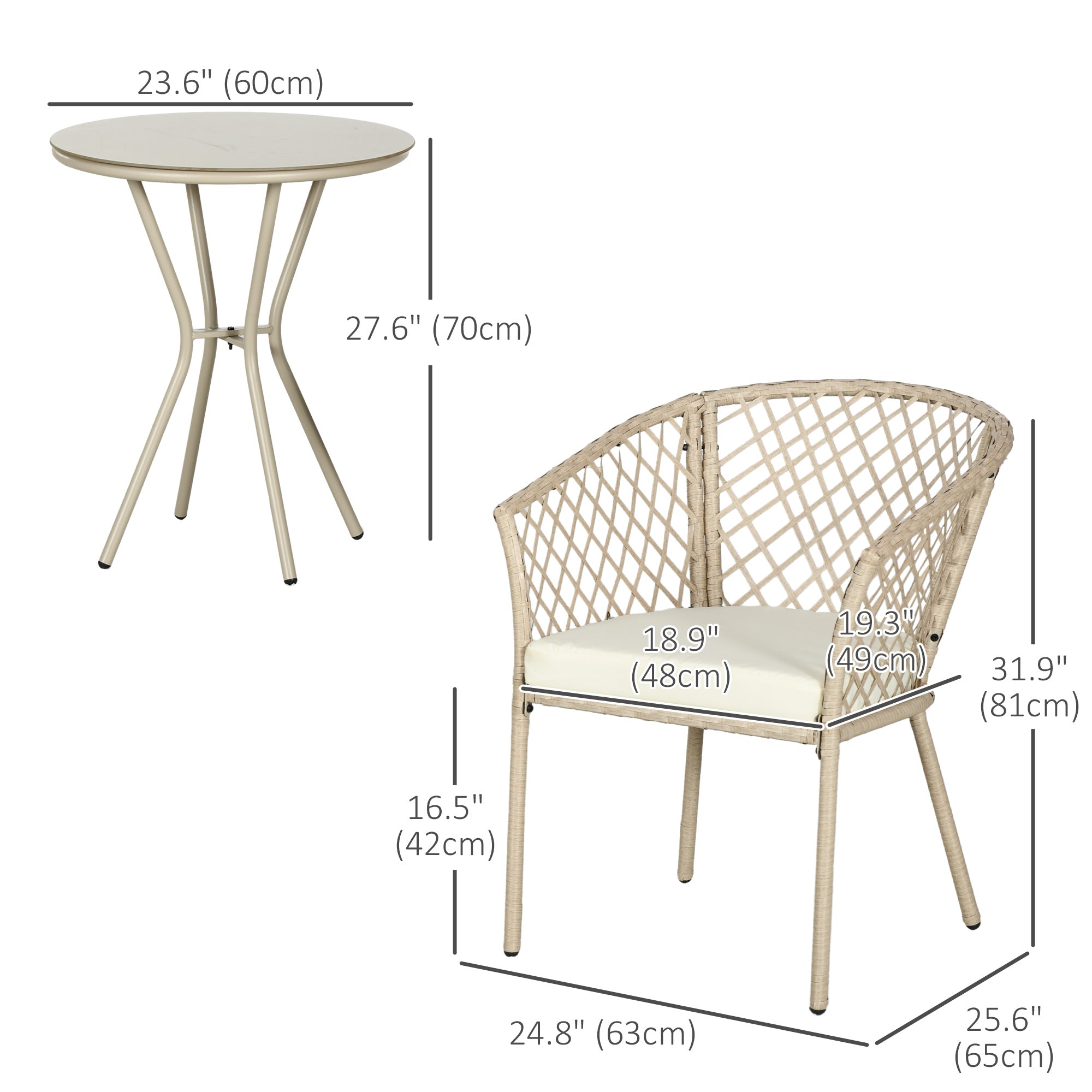 Outsunny 3 Pieces Patio Furniture Outdoor PE Rattan Bistro Set w/ Seat Cushions, Glass Table for Garden, Backyard, Beige