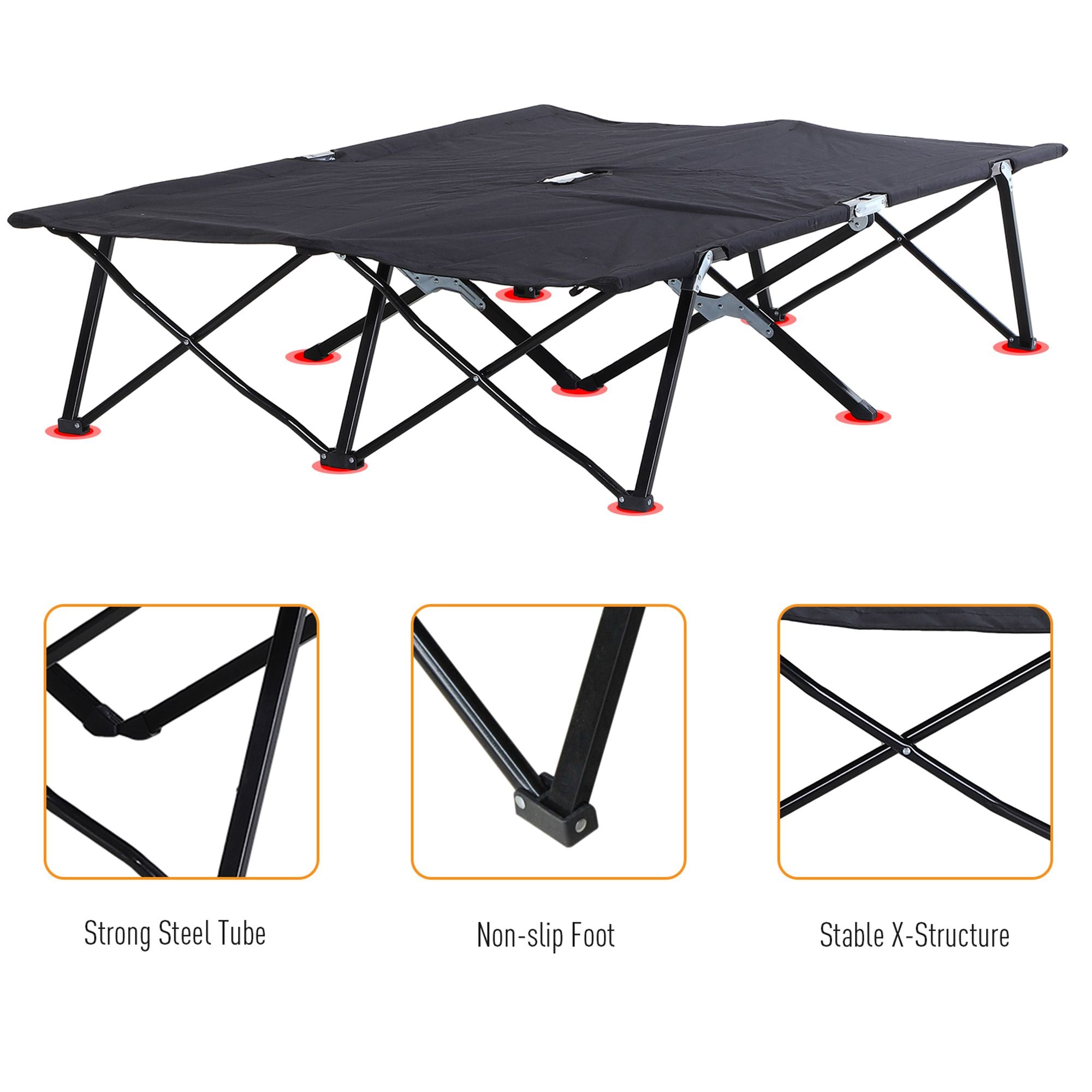 Outsunny Double Wide Folding Camping Cot Portable Outdoor Military Sleeping Bed Two Person Black