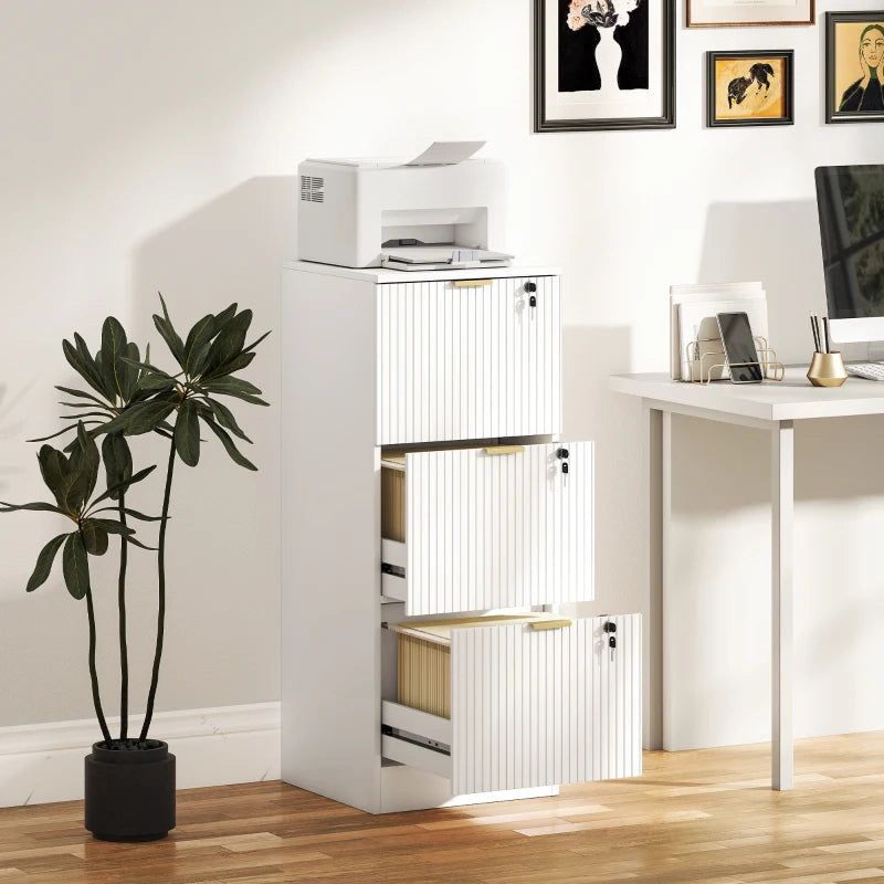 Lockable Filing Cabinet with 3 Fluted Drawers, File Cabinet with Adjustable Hanging Rails for A4 Letter Files, White