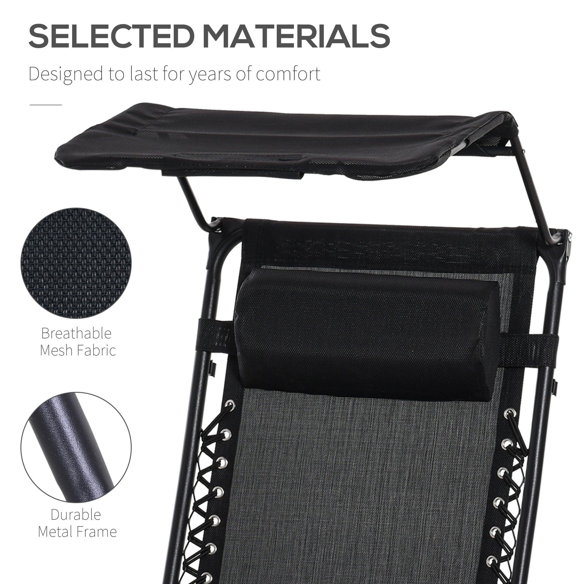 Outsunny Outdoor Zero Gravity Reclining Lounger Chair with Canopy Shade, Side Tray, Cupholder, Black