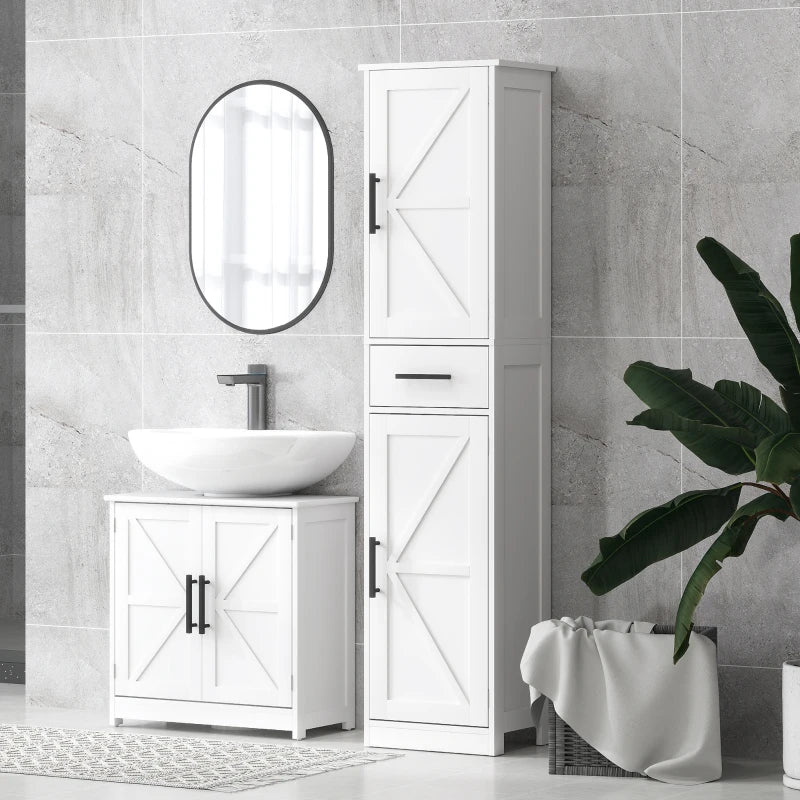 Farmhouse Pedestal Sink Storage Cabinet, Bathroom Under Sink Cabinet with 2 Barn Doors and Adjustable Shelf, White