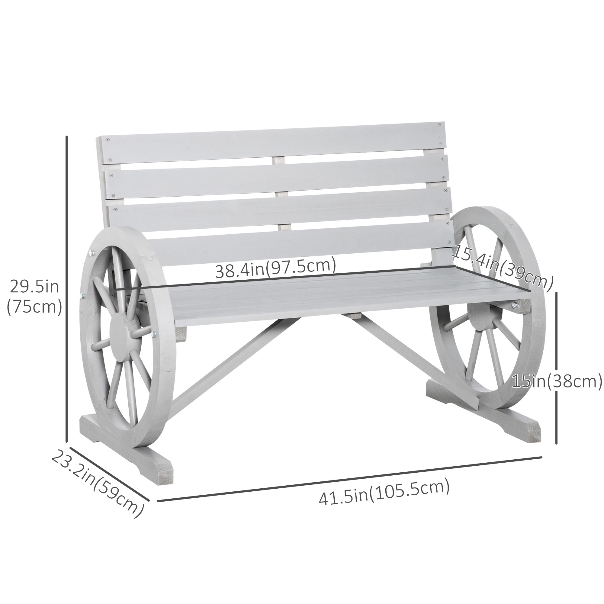 Outsunny 42" Wood Wagon Wheel Bench Rustic Garden Loveseat Outdoor Lounge Chair Grey