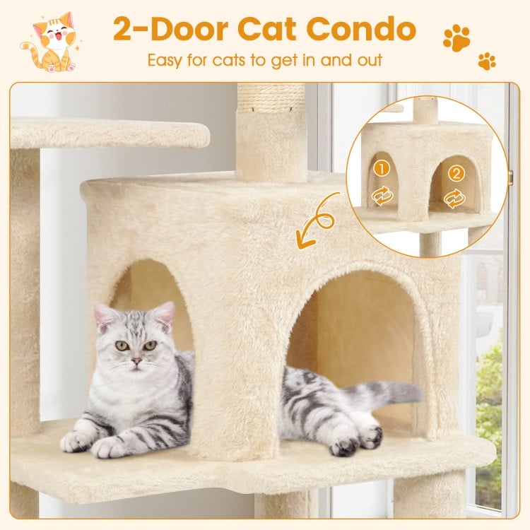 Multi-Level Cat Tower with 2-Door Condo and Padded Top Perch-Beige