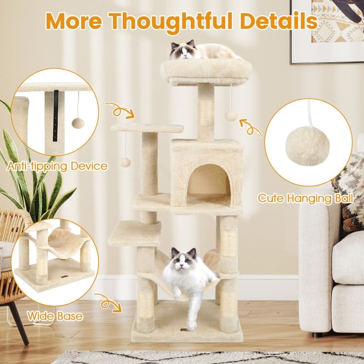 Multi-Level Cat Tower with 2-Door Condo and Padded Top Perch-Beige