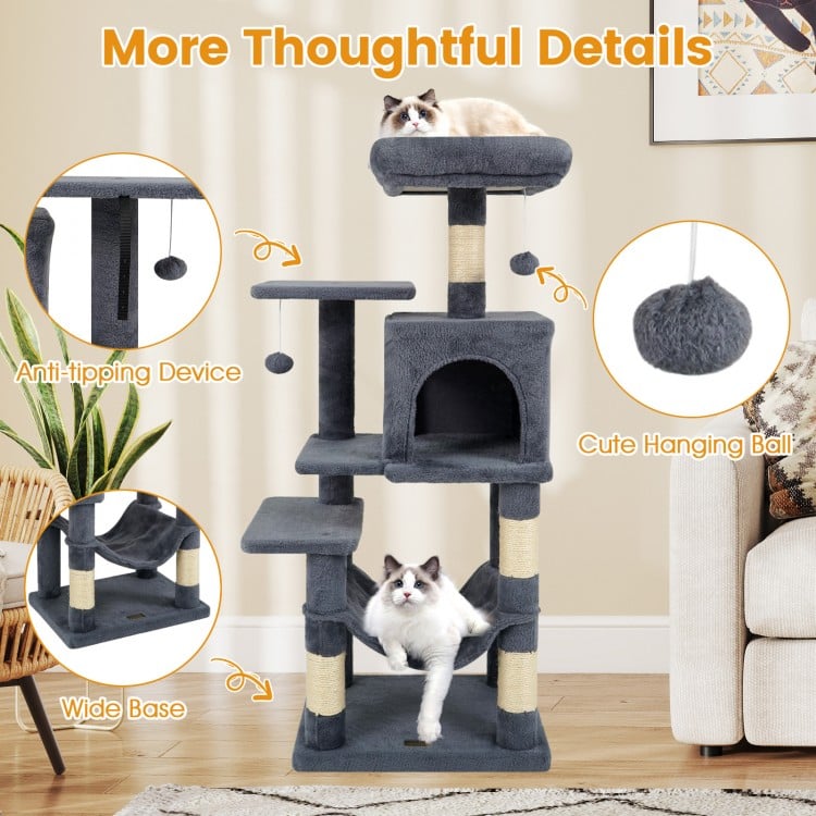 Multi-Level Cat Tower with 2-Door Condo and Padded Top Perch-Gray