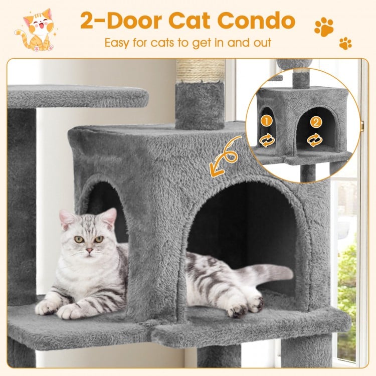 Multi-Level Cat Tower with 2-Door Condo and Padded Top Perch-Light Gray