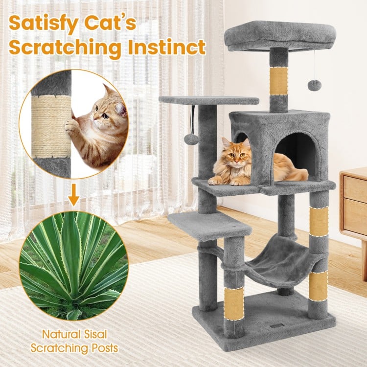 Multi-Level Cat Tower with 2-Door Condo and Padded Top Perch-Light Gray