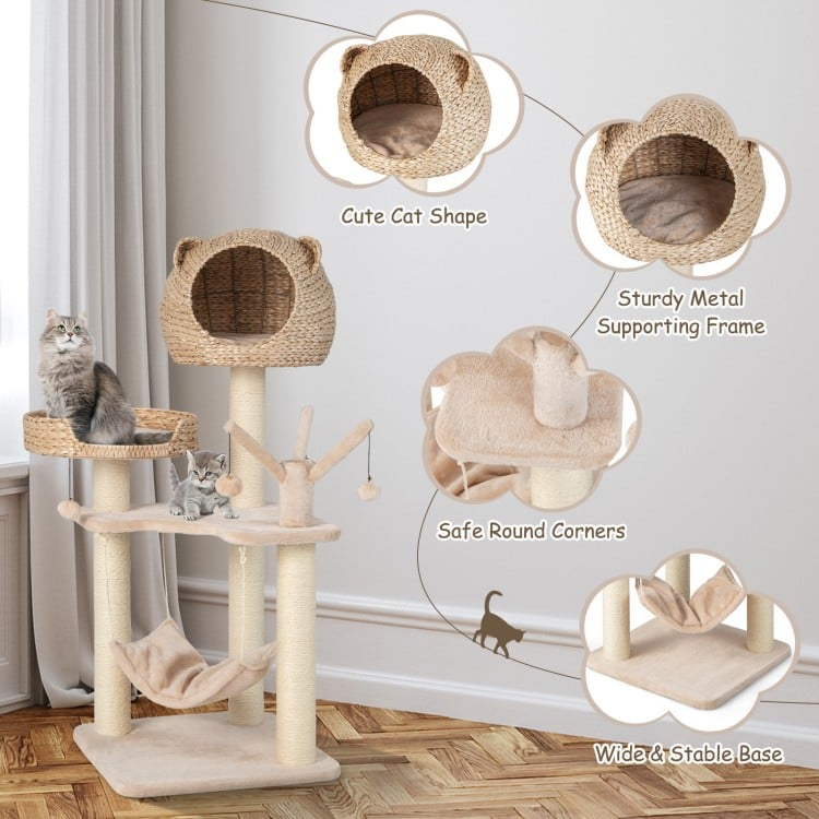 Multi-Level Cat Tree with Condo Hammock and Rotatable Hanging Balls-Natural