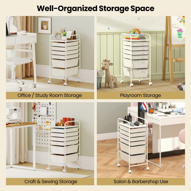 Multifunctional 6 Drawers Rolling Storage Cart Organizer-White