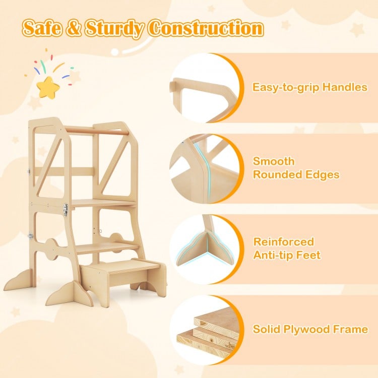 Multifunctional Kids Kitchen Step Stool with Removable Safety Bar and Fixing Buckles