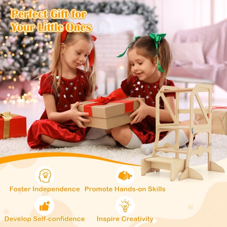 Multifunctional Kids Kitchen Step Stool with Removable Safety Bar and Fixing Buckles