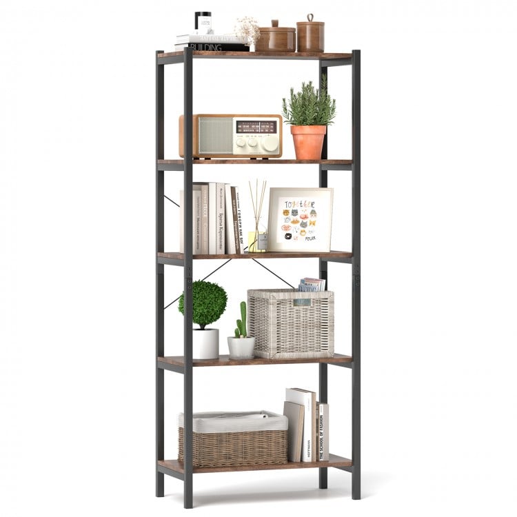 5-Tier Industrial Bookshelf Display Storage Rack with Metal Frame-Gray