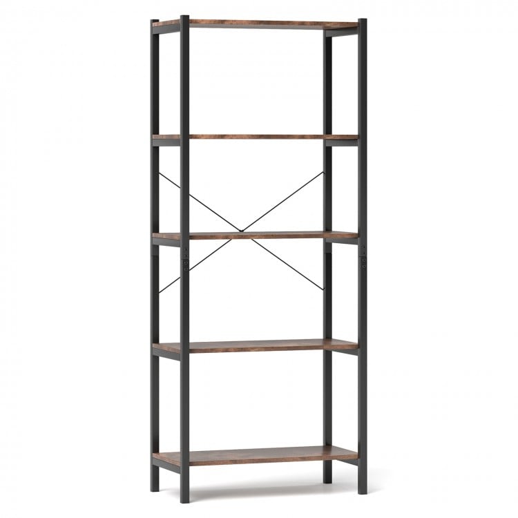 5-Tier Industrial Bookshelf Display Storage Rack with Metal Frame-Gray
