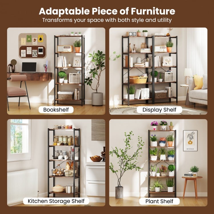 5-Tier Industrial Bookshelf Display Storage Rack with Metal Frame-Gray