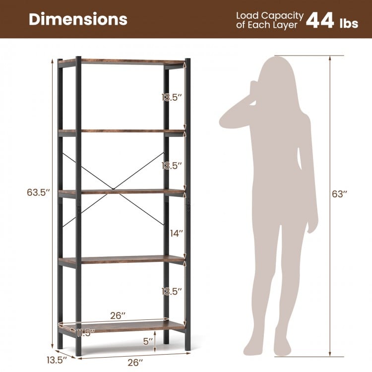 5-Tier Industrial Bookshelf Display Storage Rack with Metal Frame-Gray